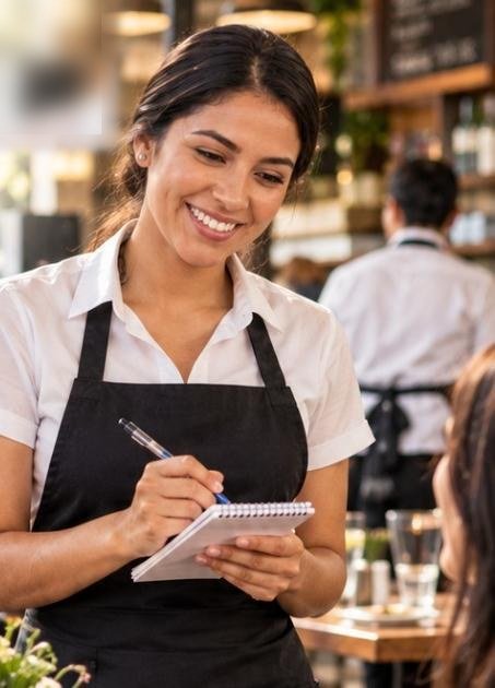 Mesera sonriendo mientras toma una orden en un restaurante