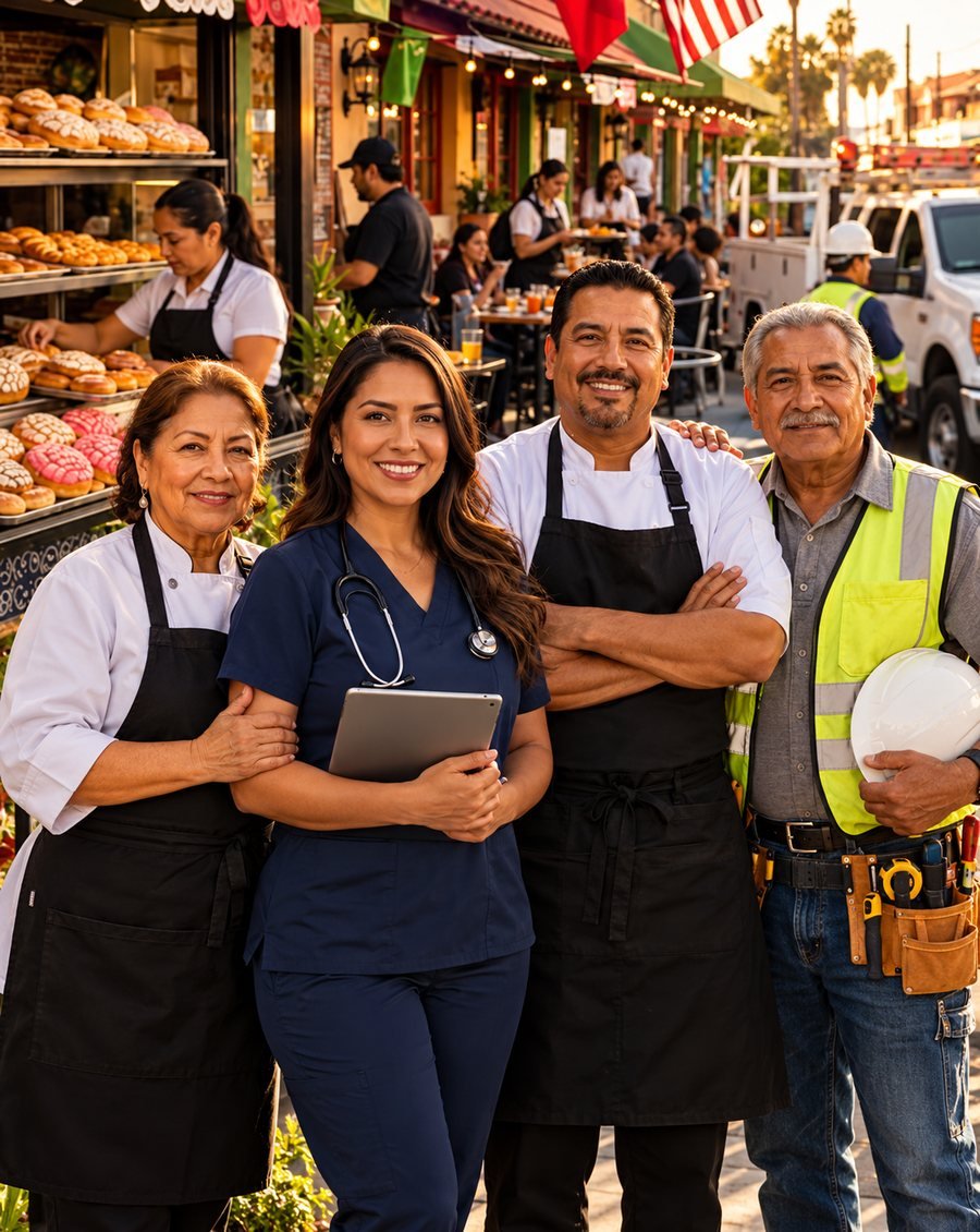 Dueños latinos de un negocio con su equipo